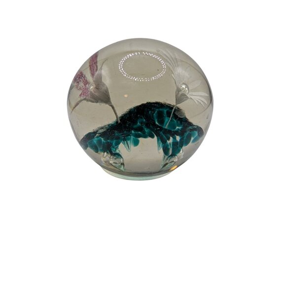 Handcrafted Glass Paperweight With Embedded Floral Design & Teal Accents - Picture 3 of 10